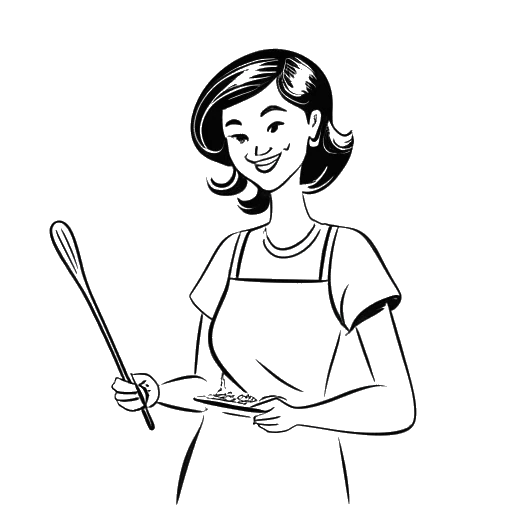 Line art drawing of a woman, representing Breckie Hill, cooking in the kitchen