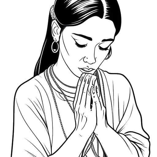 Disegno lineare di una donna, raffigurante Breckie Hill, mentre prega con una collana a croce