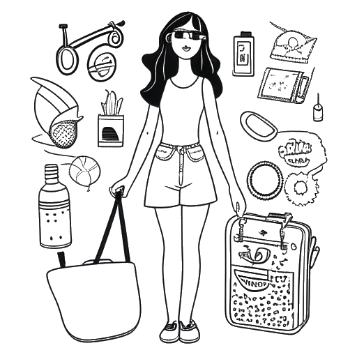 Line art drawing of a woman, representing Breckie Hill, holding various items representing her hobbies