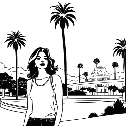 Line art drawing of a woman, representing Breckie Hill, in front of the Hollywood sign