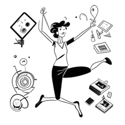 Desenho de arte em linha de uma mulher, representando Charli D'Amelio, equilibrando entre um quadro de claque de TV, sapatos de dança e símbolos musicais, com uma revista Time ao lado dela, tudo em um fundo branco.