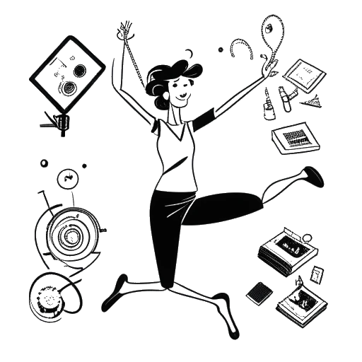 Line art drawing of a woman, representing Charli D'Amelio, juggling between TV clapperboard, dance shoes, and music symbols, with a Time magazine beside her, against a white backdrop.