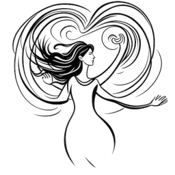 Desenho de arte em linha de uma mulher, representando Charli D'Amelio, permanecendo forte em meio a ventos turbulentos de desafios, estendendo ambas as mãos, uma em direção a um símbolo anti-bullying e a outra para um coração simbolizando caridade, tudo em um fundo branco.