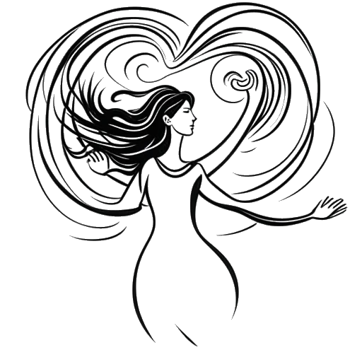 Line art drawing of a woman, representing Charli D'Amelio, standing strong amidst swirling winds of challenges, reaching out both hands, one towards an anti-bullying symbol and the other towards a heart symbolizing charity, all against a white backdrop.