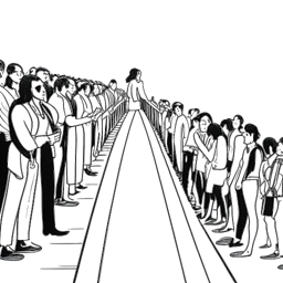 Line art drawing of a woman, representing Charli D'Amelio, moving upward on a hype escalator with a crowd of followers beneath her and a Guinness Record certificate in her hand, all against a white backdrop.
