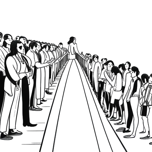 Line art drawing of a woman, representing Charli D'Amelio, moving upward on a hype escalator with a crowd of followers beneath her and a Guinness Record certificate in her hand, all against a white backdrop.