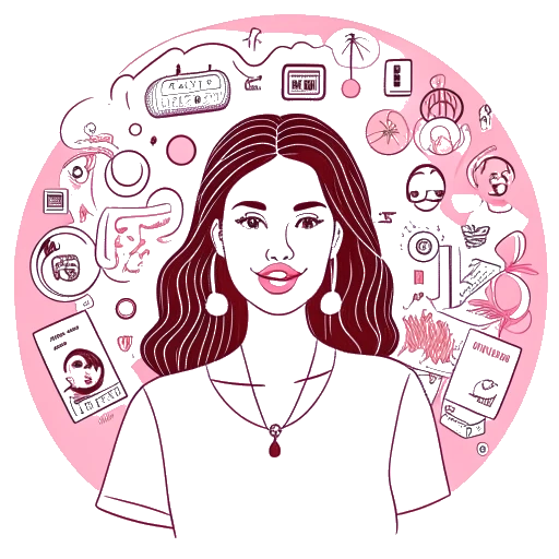 A line art representation capturing a woman symbolizing Charli D'Amelio, depicting her revenue streams from TikTok fame, collaborations, voice acting, music projects, and podcast initiatives, creating a vibrant financial ecosystem.