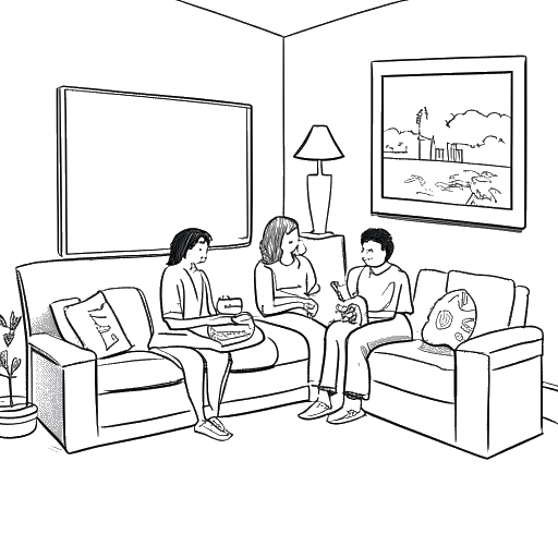 Line art drawing of Charli D'Amelio and her family watching 'The D'Amelio Show' on Hulu.