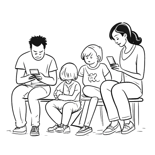 Line art drawing of Charli D'Amelio and her family actively using TikTok.