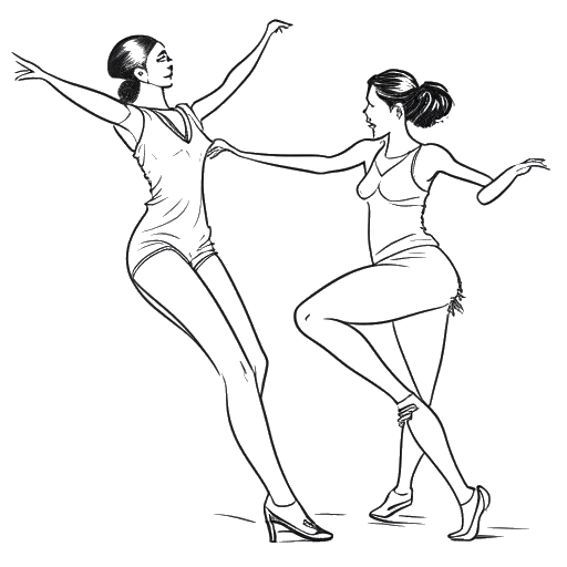 Line art drawing of Charli D'Amelio and Jennifer Lopez dancing together in the 'Pa' Ti + Lonely' music video.