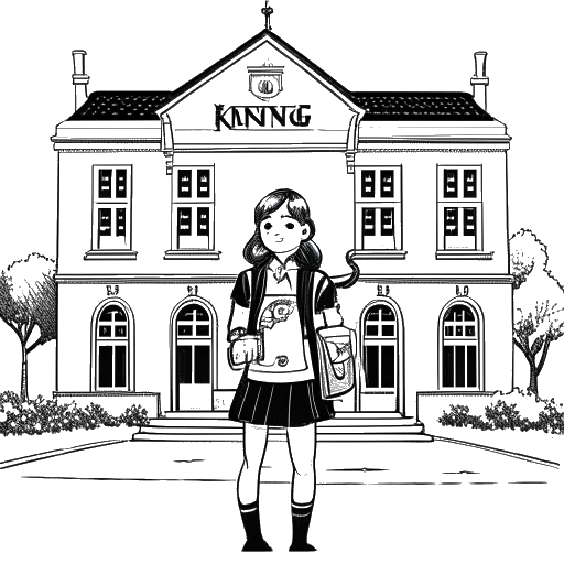 Line art drawing of Charli D'Amelio standing in front of King School in Stamford.