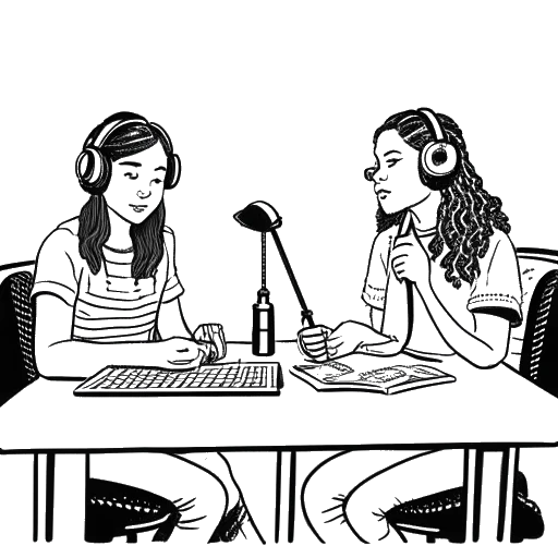 Desenho em arte linear de Charli e Dixie D'Amelio apresentando seu podcast 'Charli and Dixie: 2 CHIX'.