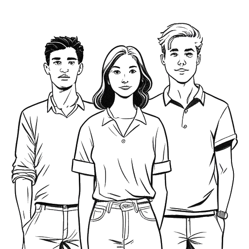 Line art drawing of Charli D'Amelio with her previous and current partners, Chase Hudson (Lil Huddy) and Landon Barker.