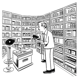 Dibujo en arte lineal de un hombre, representando a Adam McKay, analizando un guion rodeado de premios, con una cámara y un megáfono en el fondo.