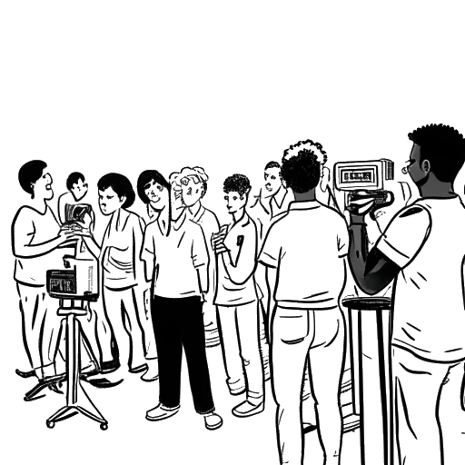 Desenho de um homem, retratando Adam McKay, apresentando um pôster de filme para uma plateia diversificada com reações mistas, câmeras piscando ao fundo.