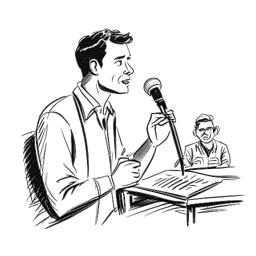 Desenho de um homem, representando Adam McKay, com um microfone, escrevendo esquetes e colaborando com colegas em scripts de comédia.