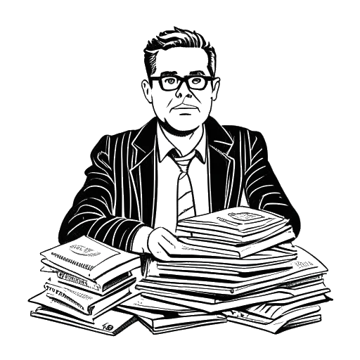 Dibujo de línea de un hombre, que representa a Adam McKay, con una mentalidad creativa. Una pila de dinero simboliza sus diversas fuentes de ingresos, como dirigir, escribir, producir y emprender. El dibujo está en blanco y negro sobre un fondo blanco.
