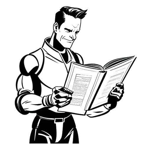 Desenho de arte linear de um homem, representando Adam McKay, segurando uma revista em quadrinhos e um roteiro com Homem-Formiga ao fundo.