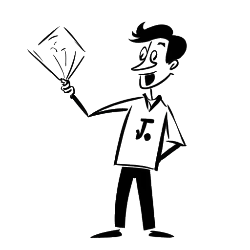 Desenho de arte linear de um homem, representando Adam McKay, segurando um roteiro de filme com um ponto de exclamação e as palavras 'Não Olhe para Cima'.