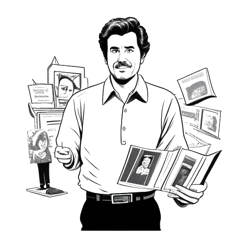 Desenho de arte linear de um homem, representando Adam McKay, segurando roteiros de filme com pôsteres de filmes ao fundo.