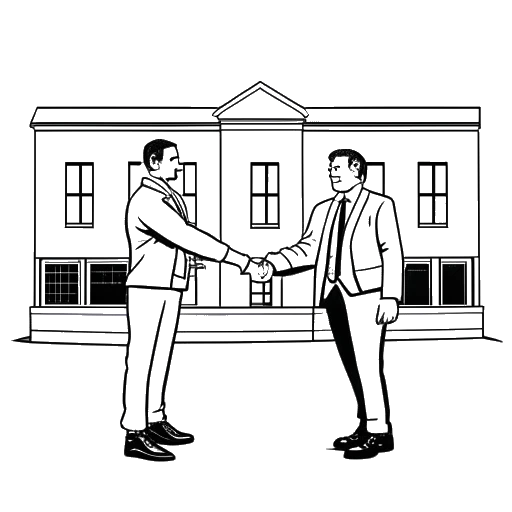 Lijnkunsttekening van twee mannen, die Adam McKay en Will Ferrell vertegenwoordigen, die handen schudden voor een gebouw.