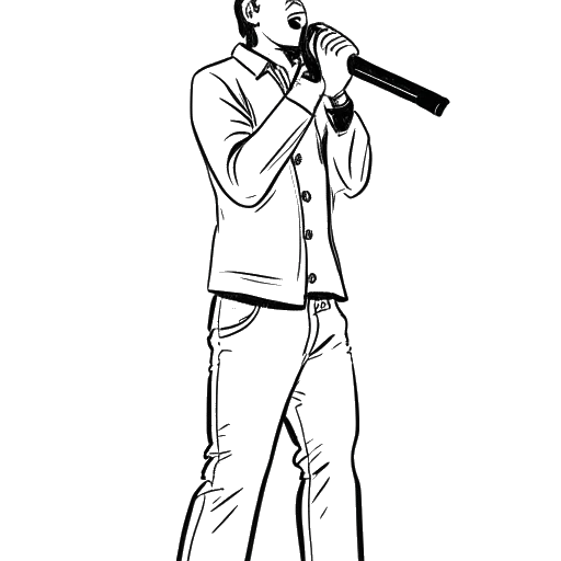 Dibujo en arte lineal de un hombre, representando a Adam McKay, actuando en el escenario con un micrófono.