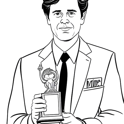 Desenho de arte linear de um homem, representando Adam McKay, segurando um Oscar e um roteiro de filme.