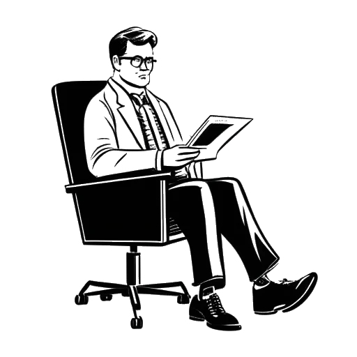 Desenho de arte linear de um homem, representando Adam McKay, sentado em uma cadeira de diretor com um claquete.