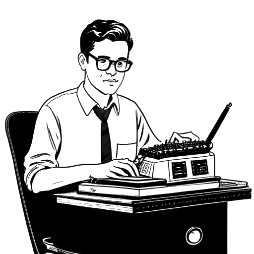 Desenho de arte linear de um jovem, representando Adam McKay, sentado em uma mesa com uma máquina de escrever.