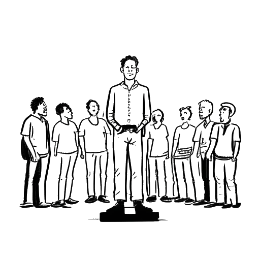 Line art drawing of a man, representing Adam McKay, with the Upright Citizens Brigade members on stage.