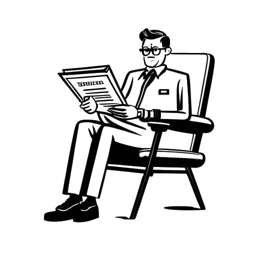 Desenho de arte linear de um homem, representando Adam McKay, sentado em uma cadeira de diretor com um claquete.