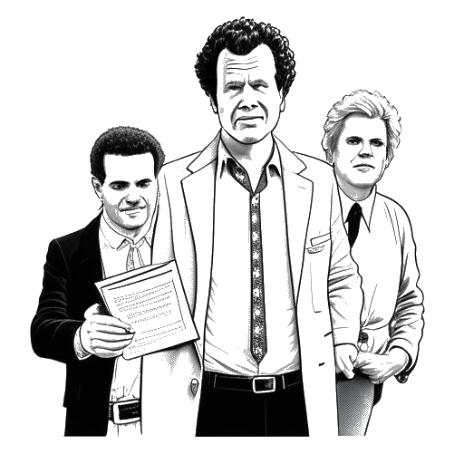 Line art drawing of a man, representing Adam McKay, standing between John C. Reilly and Will Ferrell.