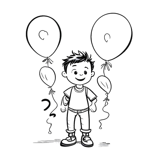Schets van een jongen, die Adonis Graham voorstelt, verkleed als superheld, met ballonnen en een trofee als symbool voor de prestaties en feestelijke momenten van zijn vader op openbare evenementen.