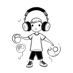 Dibujo de un niño, que representa a Adonis Graham, con auriculares y sosteniendo un balón de baloncesto, con notas musicales que indican su presencia emergente en los medios y la música.