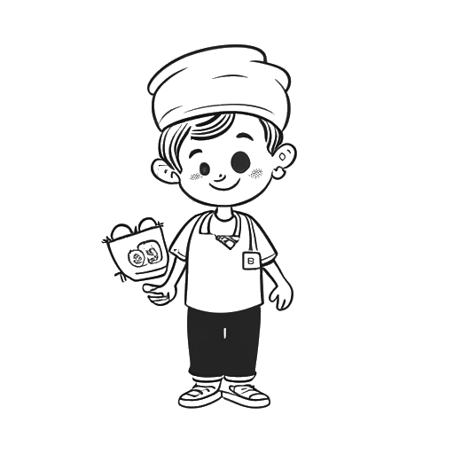 Line art of a child, representing Adonis Graham, in a chef hat, outside a supermarket, with elements denoting a tattoo and social media love to depict his public recognition and father's pride.