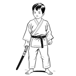 Line art of a young boy, representing Adonis Graham, with a paintbrush, alongside martial arts gear, symbolizing his artistic and athletic talents.