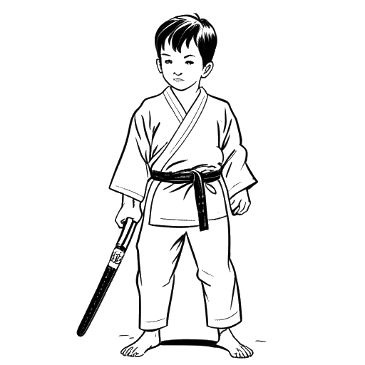 Dibujo de un niño pequeño, que representa a Adonis Graham, con un pincel, junto a equipo de artes marciales, simbolizando sus talentos artísticos y atléticos.