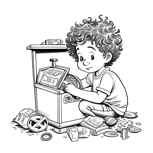Line art drawing of a young boy representing Adonis Graham, with curly hair, interacting playfully with toy dollars and gold coins, with a small bank safe beside him, all presented against a white backdrop.