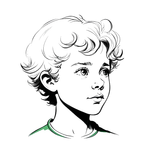 Desenho de traços de Adonis Graham, um menino com olhos verdes e cachos loiros