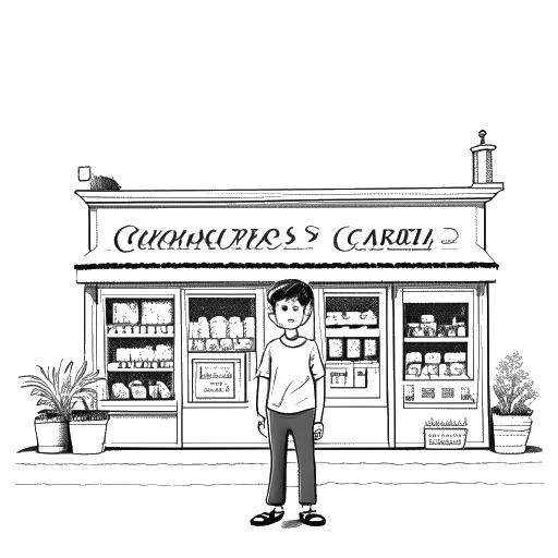 Dibujo de línea de Adonis Graham frente a una tienda de comestibles con el mismo nombre