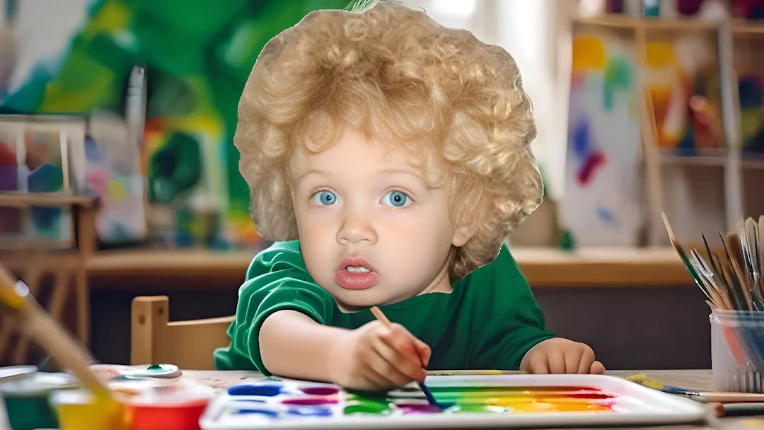 Adonis Graham, ein kleines Kind mit blonden Locken und grünen Augen, das sich in einer bunten Umgebung mit Malerei beschäftigt