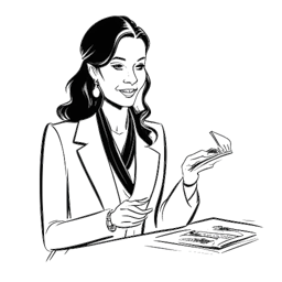 Line art drawing of Anna DeGuzman performing magic for a high-profile client's event. The drawing is in black and white against a white background.