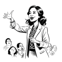Line art drawing of Anna DeGuzman captivating a crowd with a mind-bending magic trick. The drawing is in black and white against a white background.
