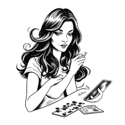 Strichzeichnung einer Frau, die Anna DeGuzman darstellt, mit fließenden Haaren, die geschickt Zaubertricks mit einem Kartendeck ausführt. Die Zeichnung ist in Schwarz-Weiß auf weißem Hintergrund.