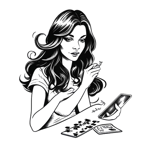 Desenho em arte linear de uma mulher, representando Anna DeGuzman, com cabelos esvoaçantes, realizando habilmente truques de magia com um baralho de cartas. O desenho é em preto e branco em um fundo branco.