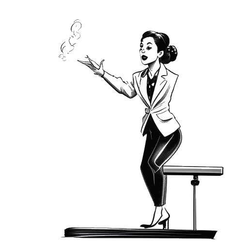 Desenho em arte linear de Anna DeGuzman realizando um truque de magia impressionante em um palco de televisão. O desenho é em preto e branco em um fundo branco.