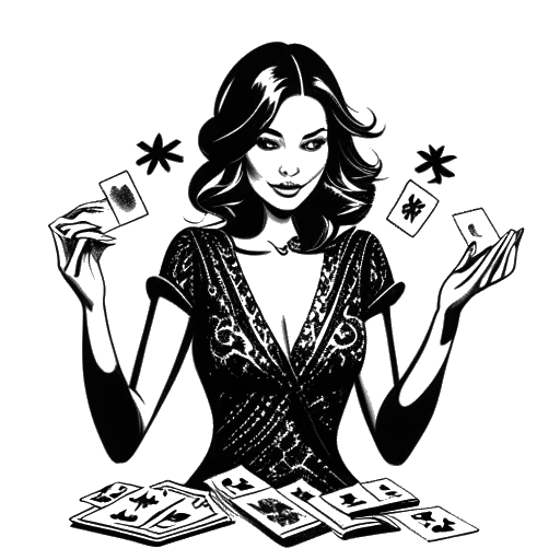 Dessin en noir et blanc d'une femme, représentant Anna DeGuzman, présentant des mouvements de mains élégants tout en étant entourée d'un jeu de cartes. Un projecteur ajoute du charme et met en valeur son expertise en magie et divertissement, le tout sur fond blanc.