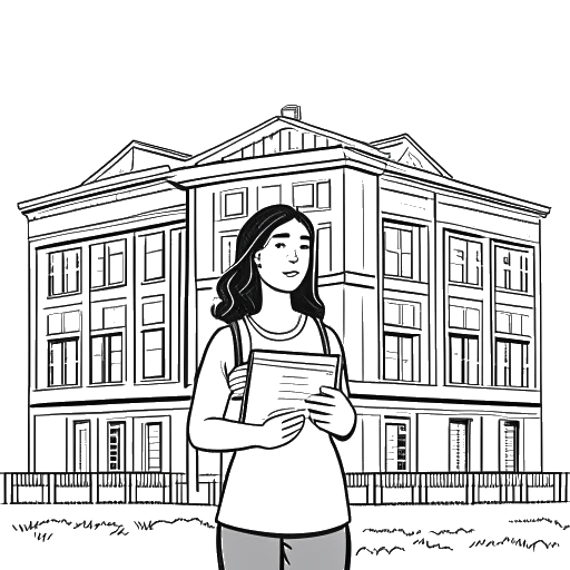 Dibujo de arte lineal de una mujer, representando a Anna DeGuzman, sosteniendo libros y parada frente a varios edificios escolares.