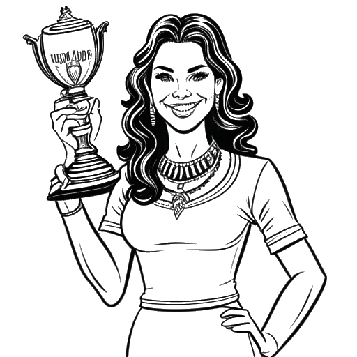 Disegno in bianco e nero di una donna, che rappresenta Anna DeGuzman, con un trofeo in mano e in piedi davanti a uno sfondo di AGT con un cartello che dice 'Maga donna con la classifica più alta nella storia di AGT'.