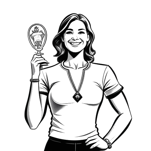 Line art drawing of a woman, representing Anna DeGuzman, holding a silver medal on a podium with an AGT Season 18 banner.